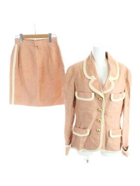 Chanel Vintage Set Blue Leather Tweed Jacket Trapezoidal Skirt Knee Length CC